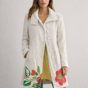 Desigual White Trench Coat with Colorful Patterns